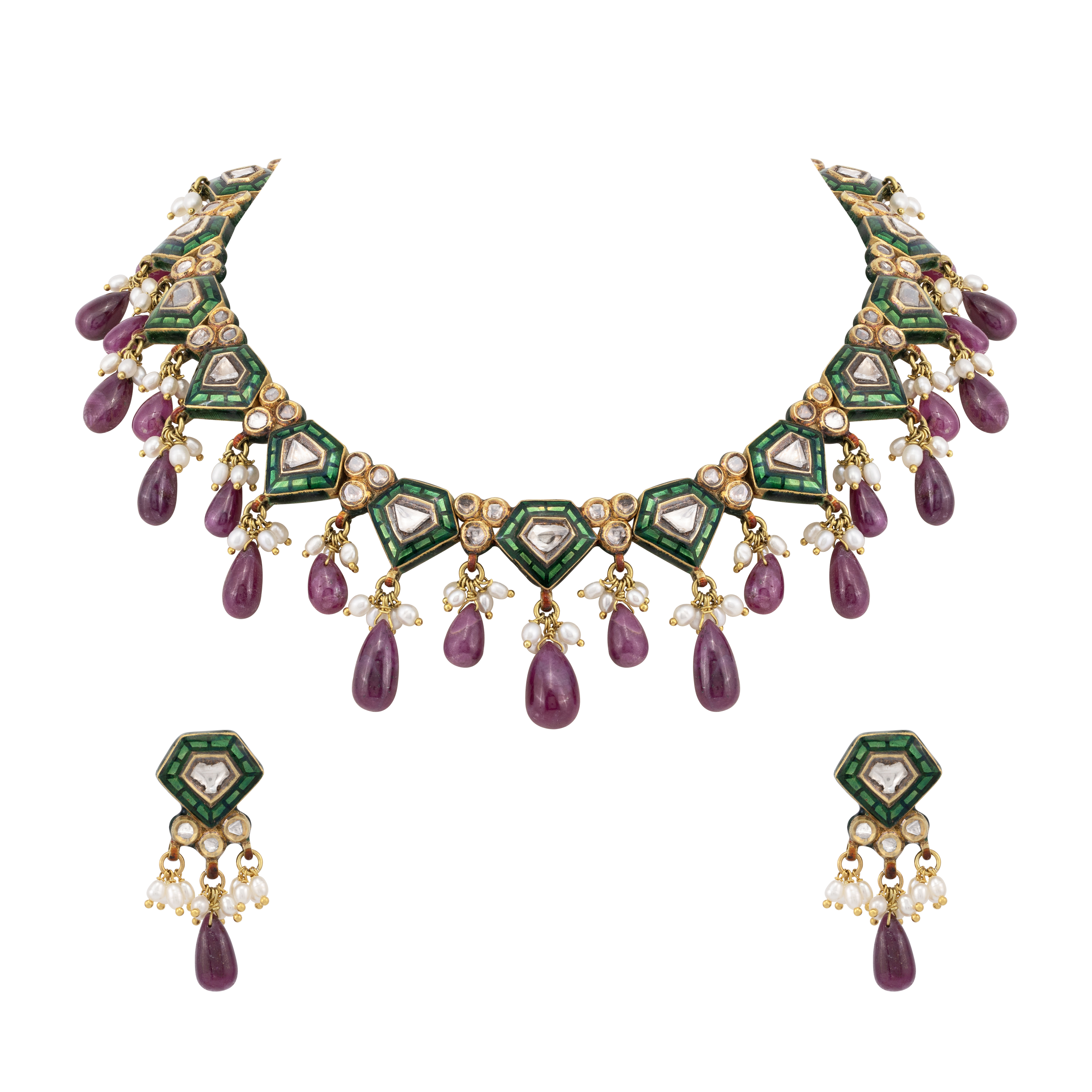 Green Talaf Polki Neacklace Set with Ruby Colour Drops
